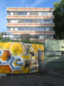 833042 Gezicht op een deel van de muurschildering van een honingraat met bijen op de muur langs de toegangsweg naar de ...